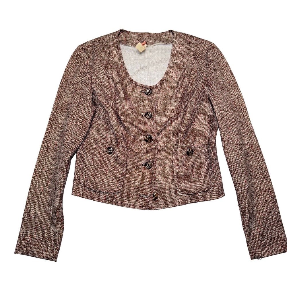 Vintage 70s Brown Tweed Blazer XS Tailored Jacket Medium Academia Office Career - Picture 4 of 13